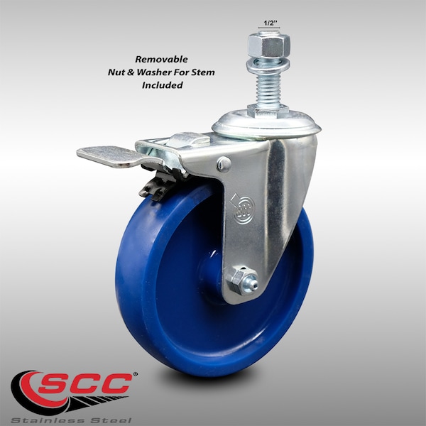 5 Inch SS Solid Polyurethane 1/2 Inch Threaded Stem Caster with Total Lock Brake